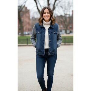 Denim Jean Jacket Trendy Dark Wash Distressed Streetwear Grey Knit Sleeves Small